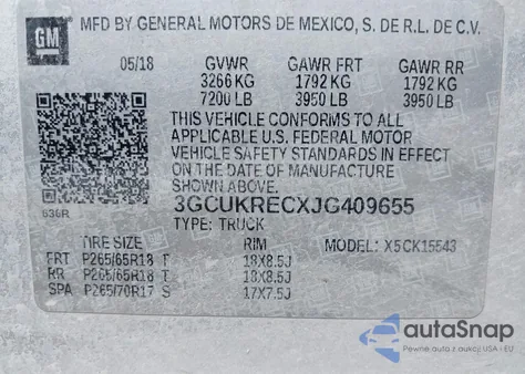 2018 Chevrolet Silverado 1500 2Lt из США, поврежденный, VIN 3GCUKRECXJG409655